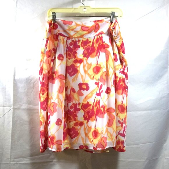 Relativity Womens Skirt Size 14 Floral Partial Zip Pleated White Pink Orange - Picture 1 of 7